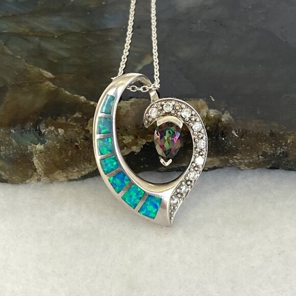 Sterling Silver 925 5☆ Mystic Quartz & Blue Gilson Opal Pendant Necklace 18" - Picture 6 of 16